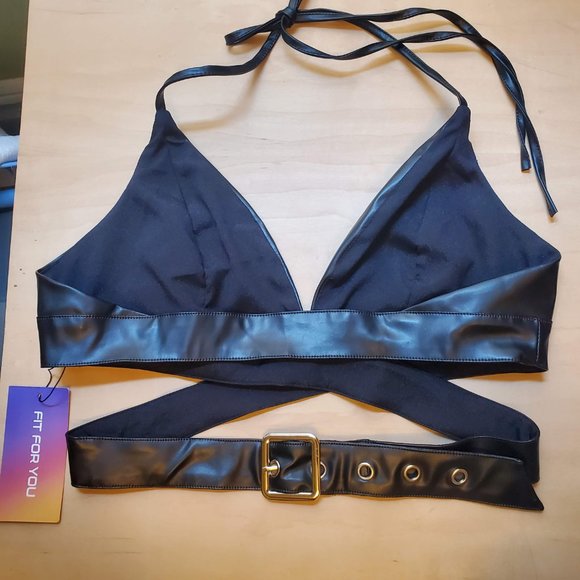 SOLD! - SHEIN SXY Crisscross Buckle Leather Look Halter Black Bra Crop Top - M 6 - Picture 4 of 9